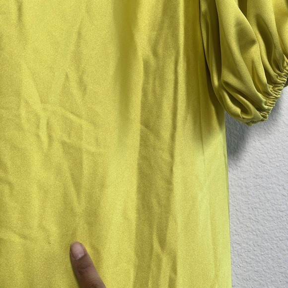 New never used Ieena Mac Duggal Chartreuse Satin Long Blouson Slv Gown s… - Picture 11 of 16